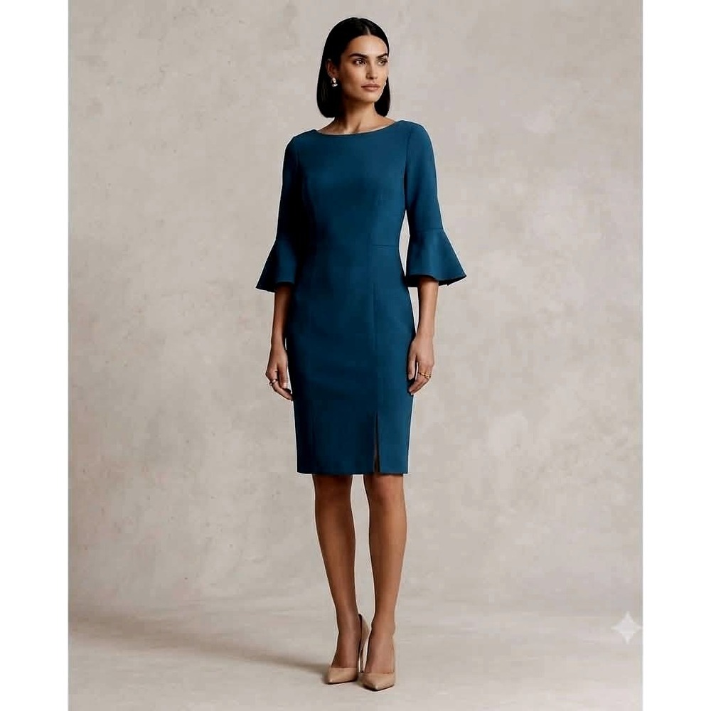 White House Black Market Dress Women Teal Blue Sheath Bell Sleeve Boat Neck Slit